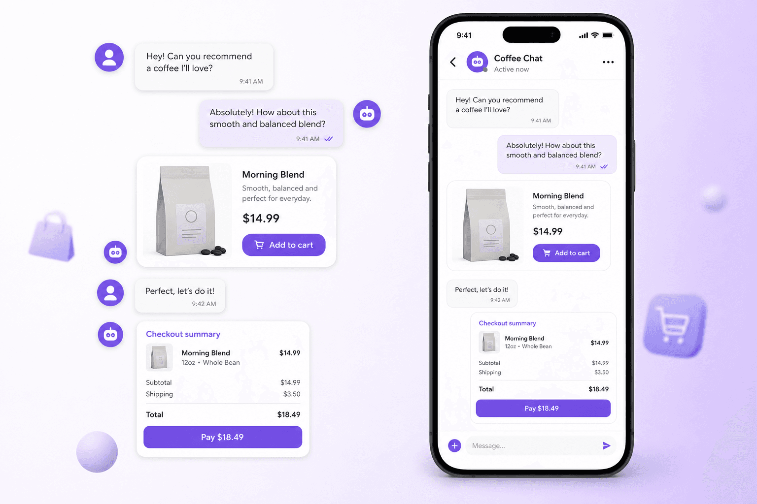 Shop and checkout inside the chat thread — product cards and cart in messaging